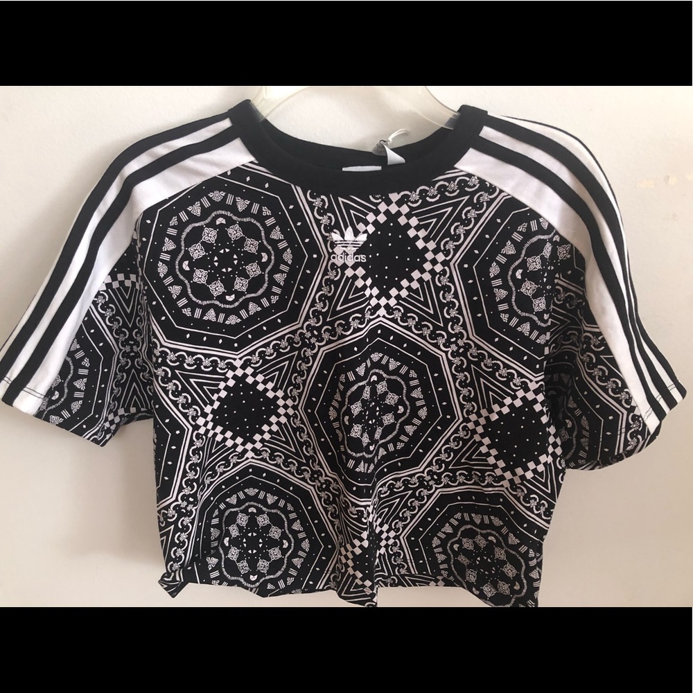 Adidas Black and White Allover Pattern Crop Tee